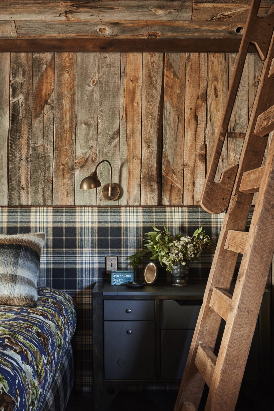 Jennifer-Robin-Interiors-California-Historic-Farmhouse-Cowboy-Cabins-Bedside-Ladder-Detail